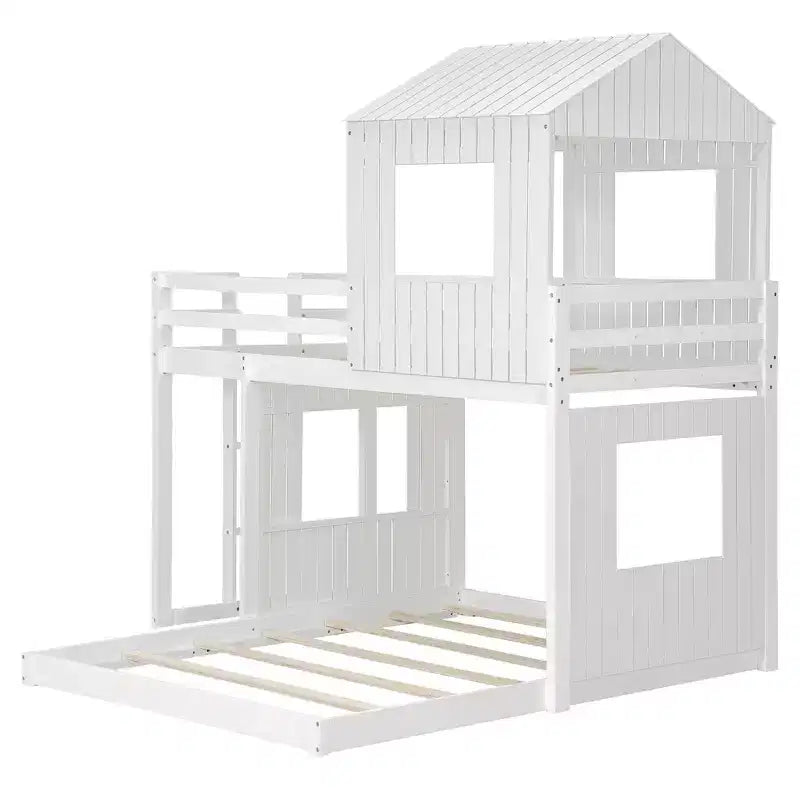 Letto a castello a casetta Twin su Full grigio antico/bianco, struttura letto per bambini per 2