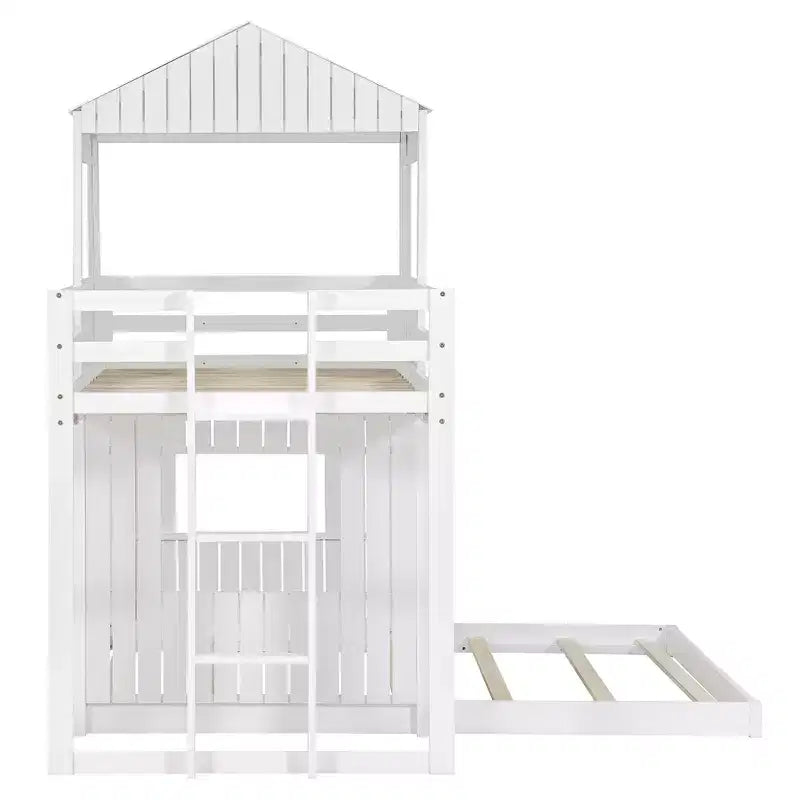 Letto a castello a casetta Twin su Full grigio antico/bianco, struttura letto per bambini per 2