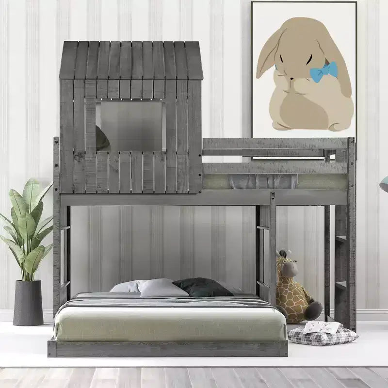 Letto a castello a casetta Twin su Full grigio antico/bianco, struttura letto per bambini per 2