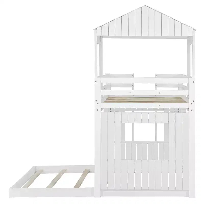 Letto a castello a casetta Twin su Full grigio antico/bianco, struttura letto per bambini per 2