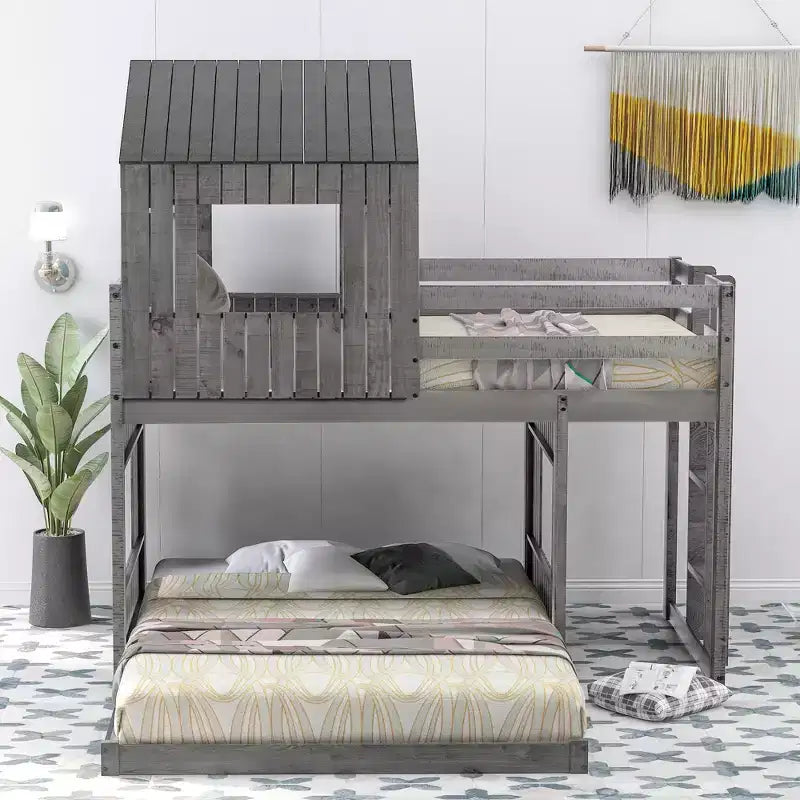 Letto a castello a casetta Twin su Full grigio antico/bianco, struttura letto per bambini per 2