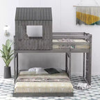 Letto a castello a casetta Twin su Full grigio antico/bianco, struttura letto per bambini per 2