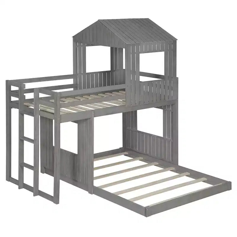 Letto a castello a casetta Twin su Full grigio antico/bianco, struttura letto per bambini per 2
