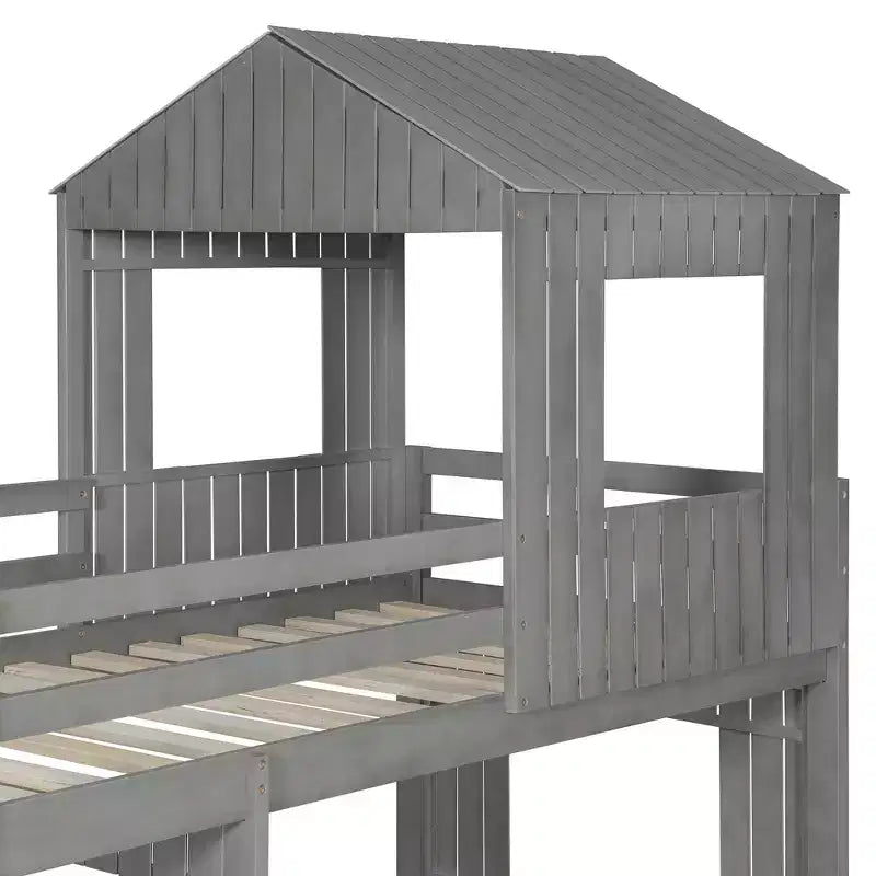 Letto a castello a casetta Twin su Full grigio antico/bianco, struttura letto per bambini per 2