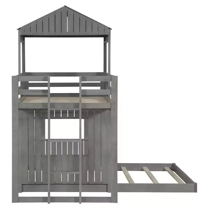 Letto a castello a casetta Twin su Full grigio antico/bianco, struttura letto per bambini per 2