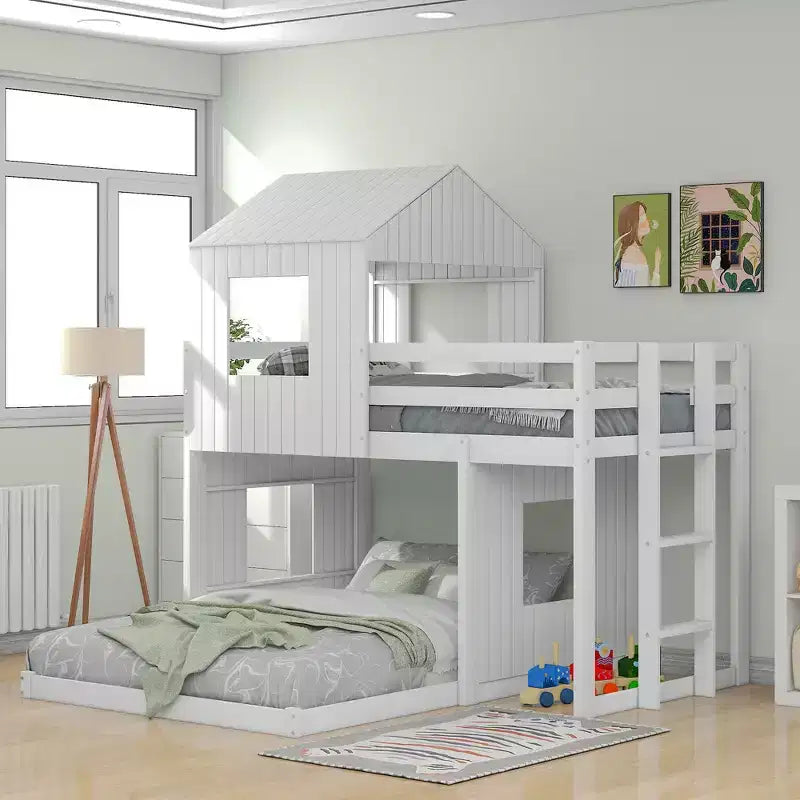 Letto a castello a casetta Twin su Full grigio antico/bianco, struttura letto per bambini per 2