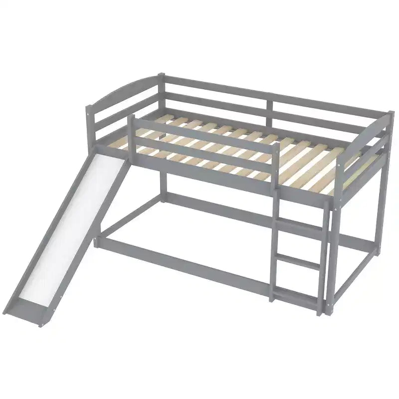 Letto a castello basso singolo/singolo grigio/bianco con scivolo e scaletta, 2 posti letto