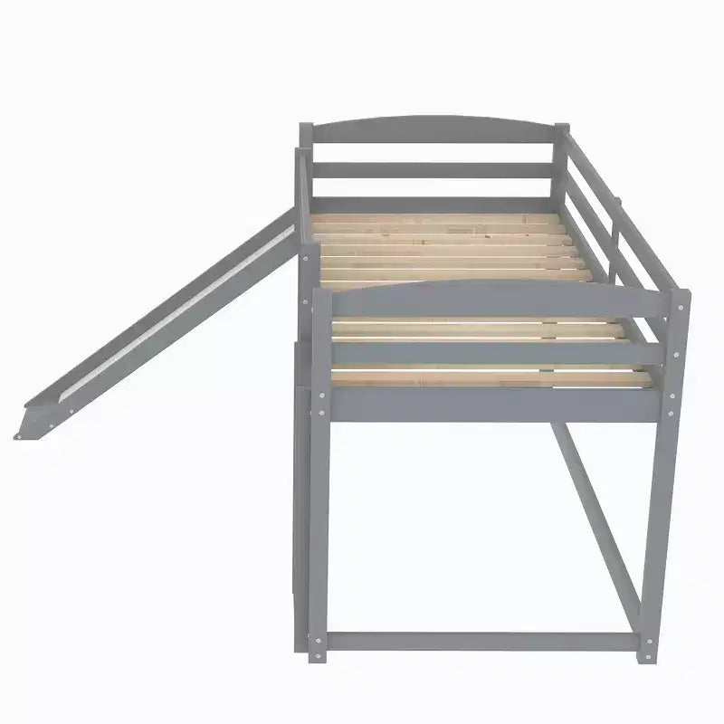 Letto a castello basso singolo/singolo grigio/bianco con scivolo e scaletta, 2 posti letto