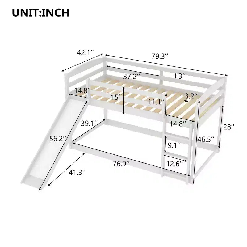 Letto a castello basso singolo/singolo grigio/bianco con scivolo e scaletta, 2 posti letto