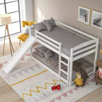Letto a castello basso singolo/singolo grigio/bianco con scivolo e scaletta, 2 posti letto