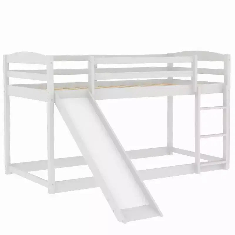 Letto a castello basso singolo/singolo grigio/bianco con scivolo e scaletta, 2 posti letto