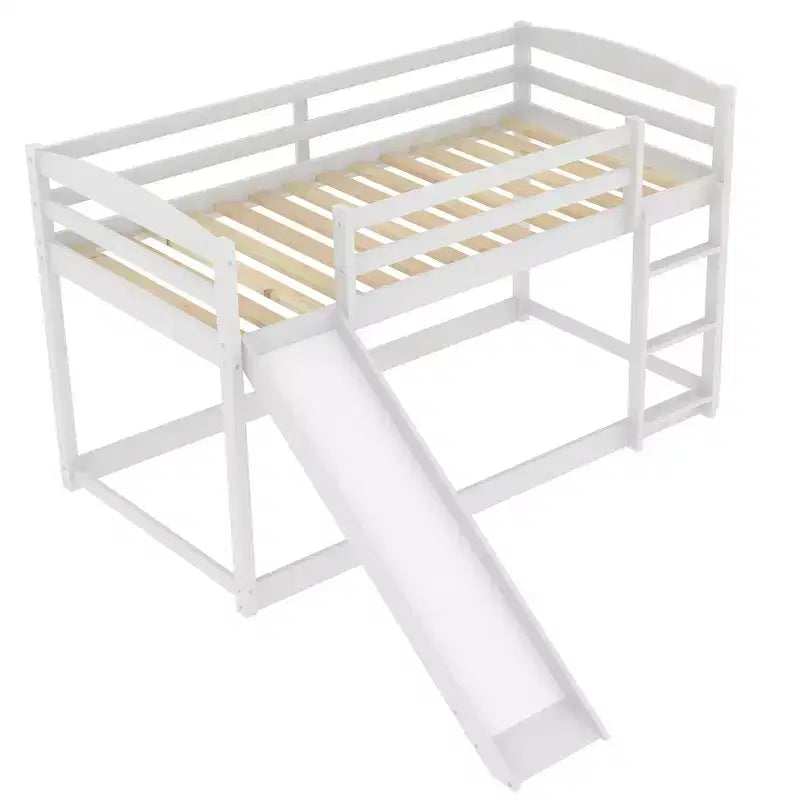 Letto a castello basso singolo/singolo grigio/bianco con scivolo e scaletta, 2 posti letto