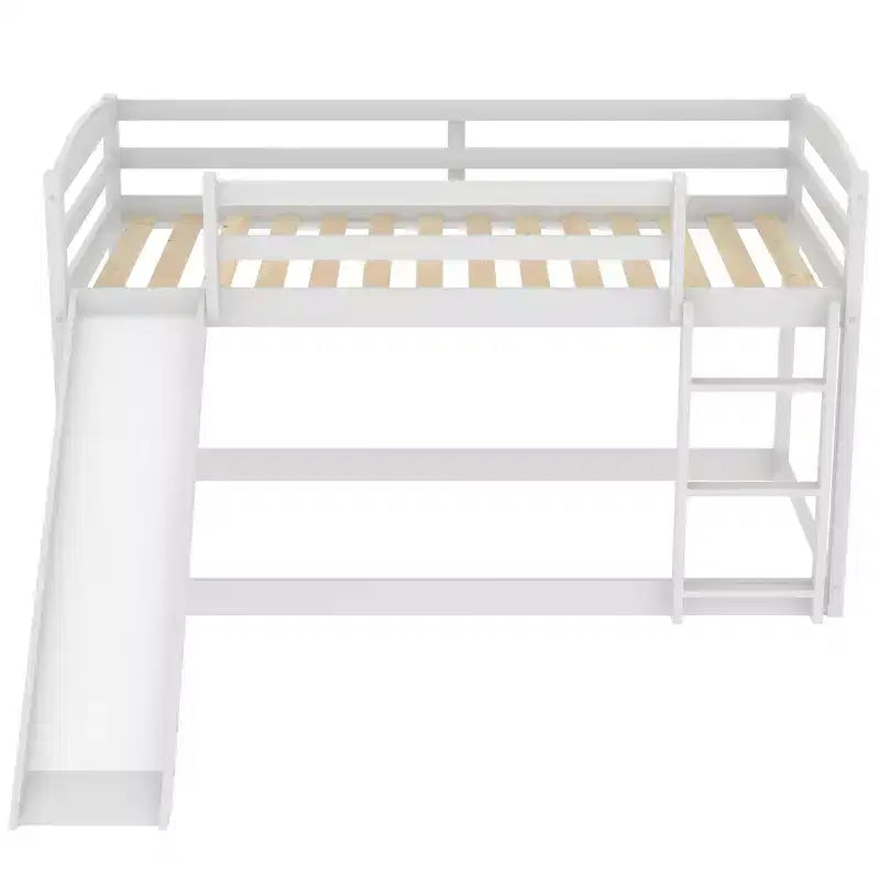 Letto a castello basso singolo/singolo grigio/bianco con scivolo e scaletta, 2 posti letto