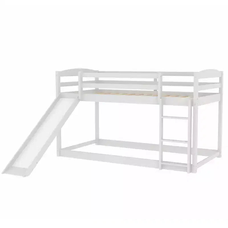 Letto a castello basso singolo/singolo grigio/bianco con scivolo e scaletta, 2 posti letto