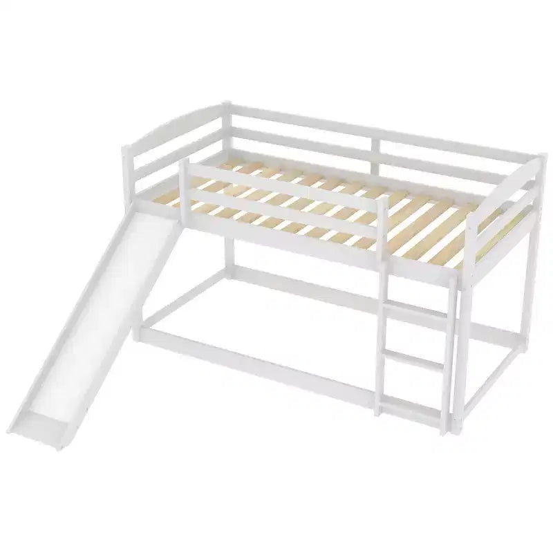 Letto a castello basso singolo/singolo grigio/bianco con scivolo e scaletta, 2 posti letto