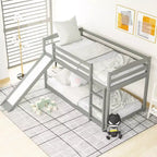 Letto a castello basso singolo/singolo grigio/bianco con scivolo e scaletta, 2 posti letto