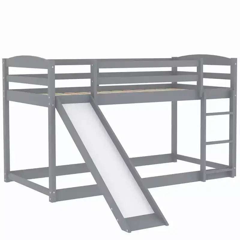Letto a castello basso singolo/singolo grigio/bianco con scivolo e scaletta, 2 posti letto