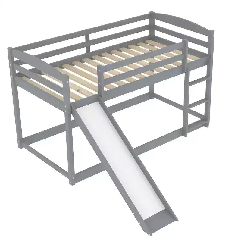 Letto a castello basso singolo/singolo grigio/bianco con scivolo e scaletta, 2 posti letto