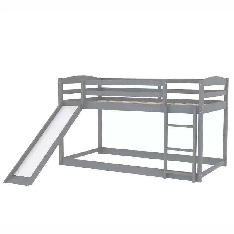 Letto a castello basso singolo/singolo grigio/bianco con scivolo e scaletta, 2 posti letto