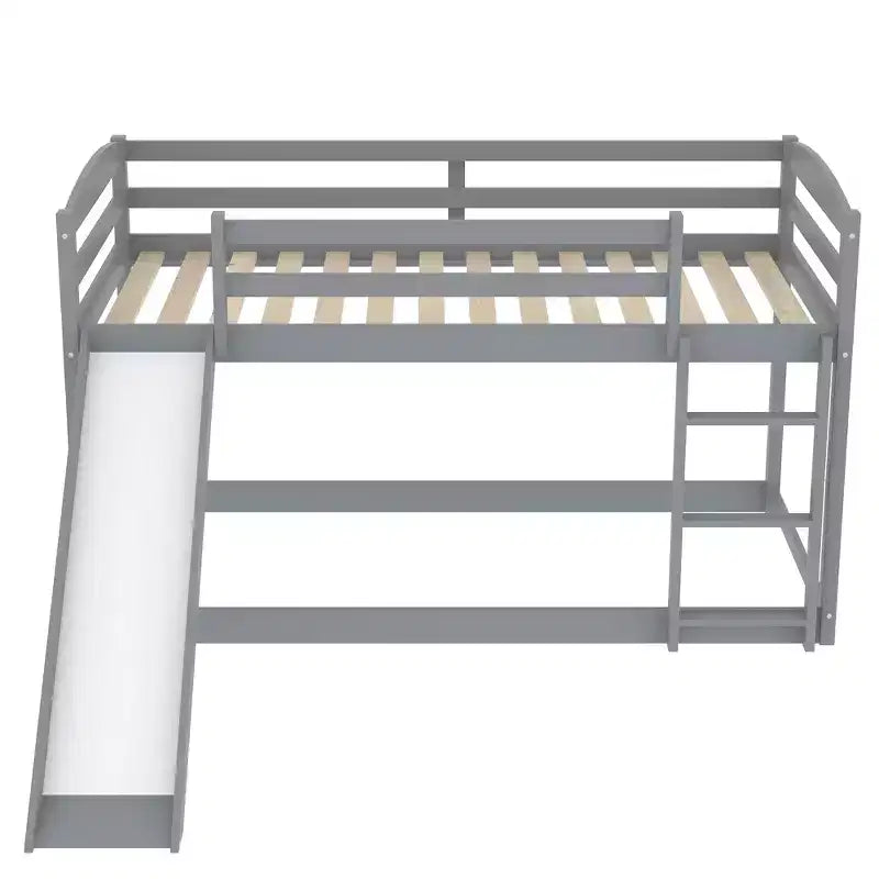Letto a castello basso singolo/singolo grigio/bianco con scivolo e scaletta, 2 posti letto