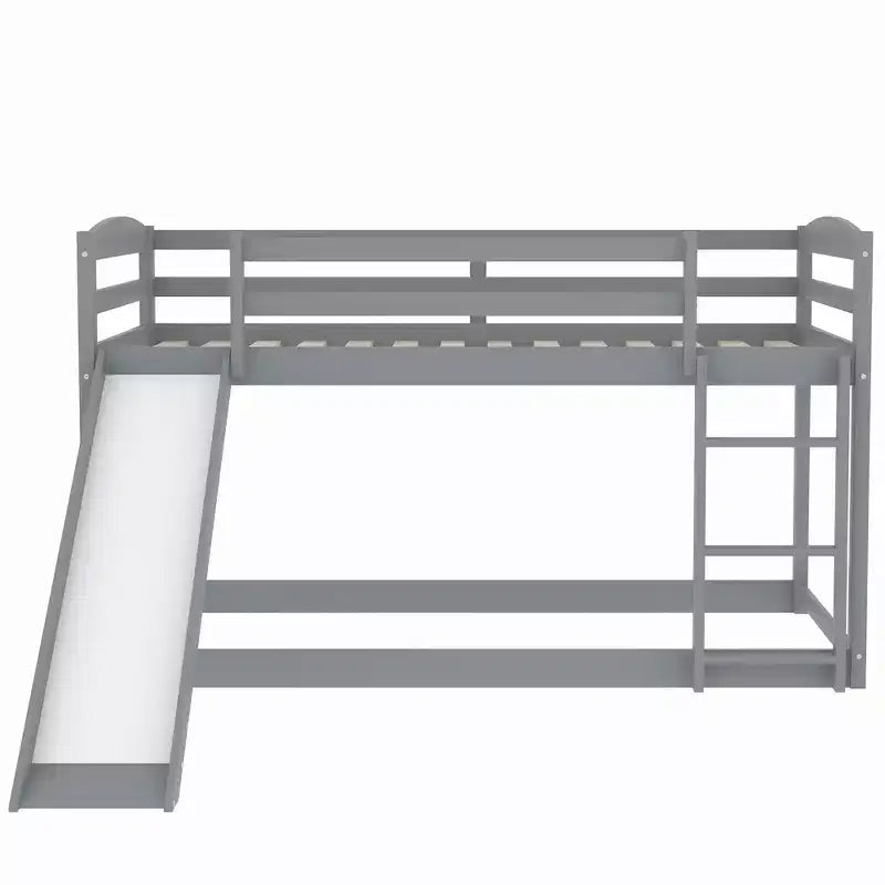 Letto a castello basso singolo/singolo grigio/bianco con scivolo e scaletta, 2 posti letto