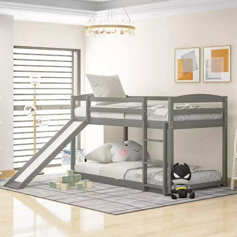 Low Bunk Bed with Slide, Twin over Twin Bunk Bed with Convertible Slide and Ladder, Kids Floor Bunk Bed Frame